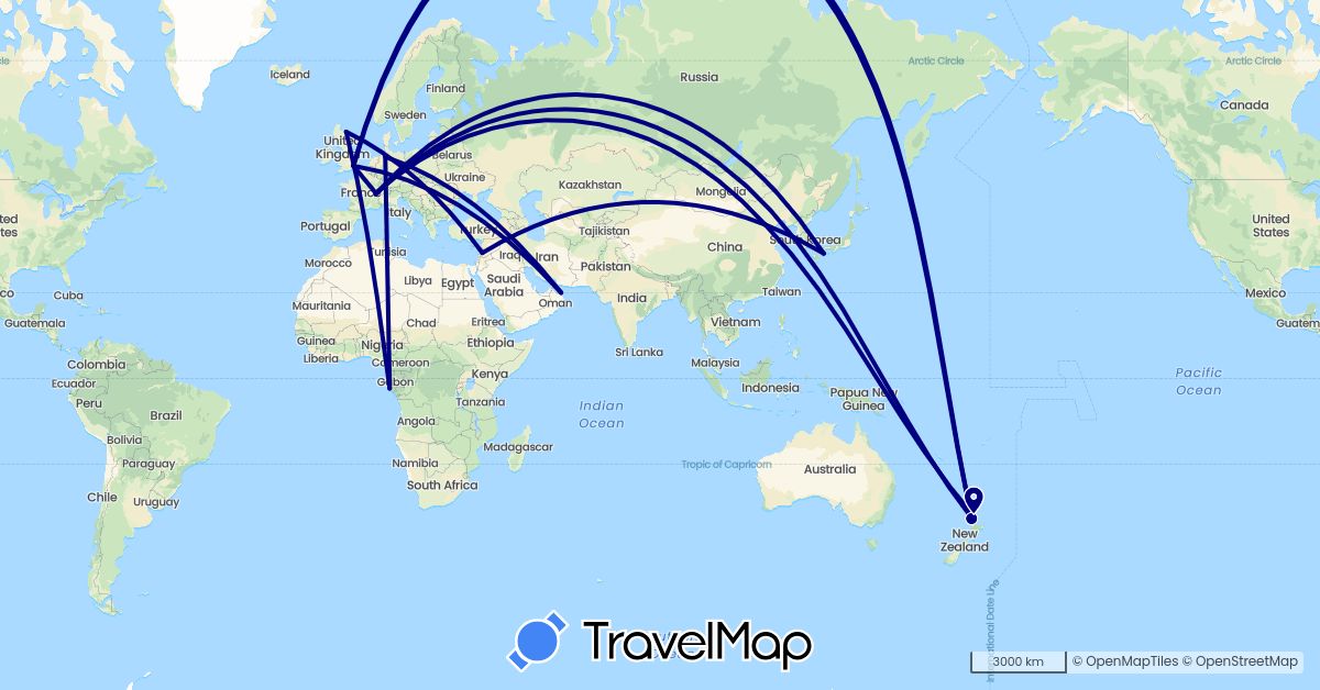 TravelMap itinerary: driving in Switzerland, China, Germany, Gabon, United Kingdom, Japan, New Zealand, Oman, Syria (Africa, Asia, Europe, Oceania)